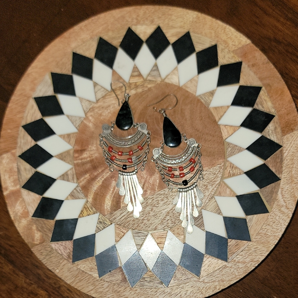 Silver and Black With Red Accent Dangle Earrings